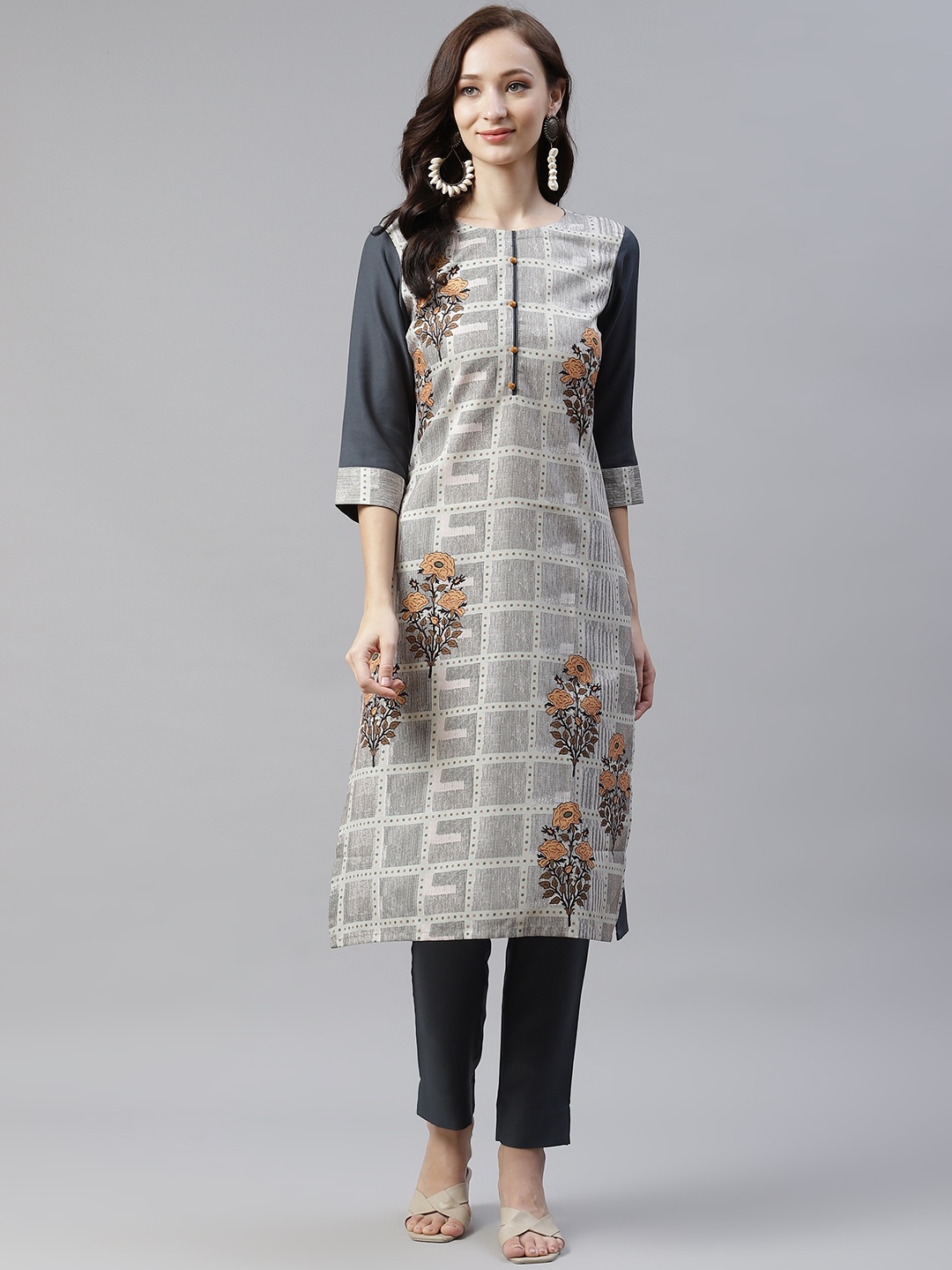 ZIYAA Women Grey & Peach-Coloured Ethnic Motifs Printed Kurta with Trousers
