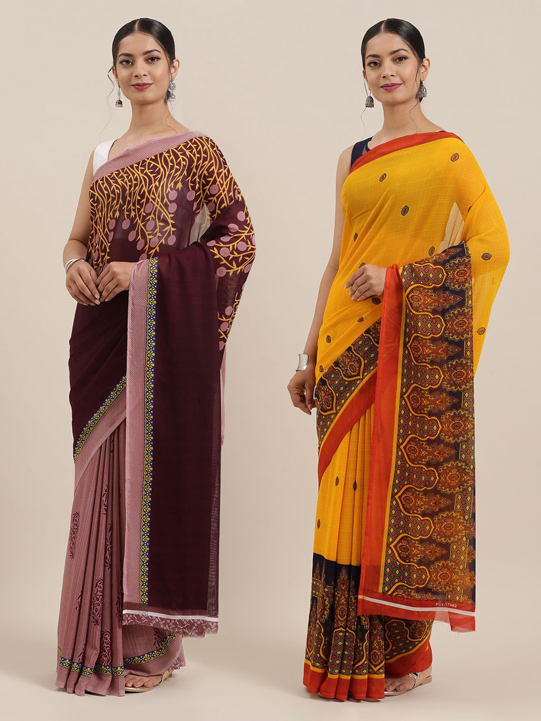 KALINI Pack of 2 Poly Georgette Printed Sarees, Burgundy 
KALINI Pack of 2 Poly Georgette Printed Sarees, Burgundy
