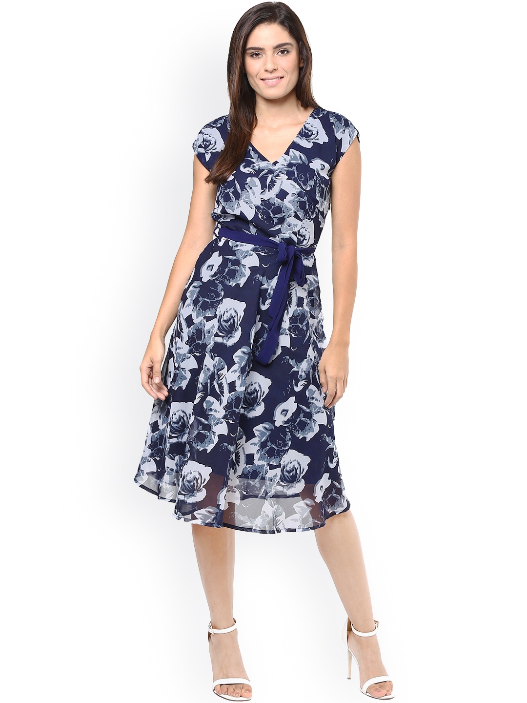 Harpa Navy Floral Print Georgette A-Line Dress, Navy blue
