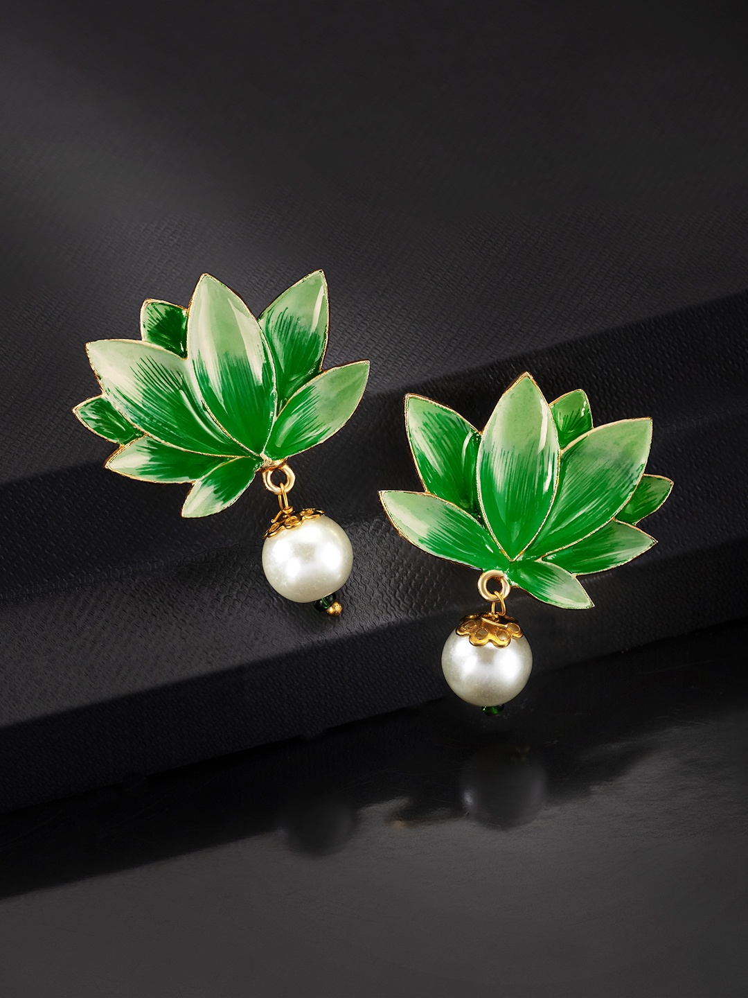 Peora Gold-Plated & Green Handcrafted Enamelled Lotus and Pearl-Beaded Drop Earrings
Peora Gold-Plated & Green Handcrafted Enamelled Lotus and Pearl-Beaded Drop Earrings