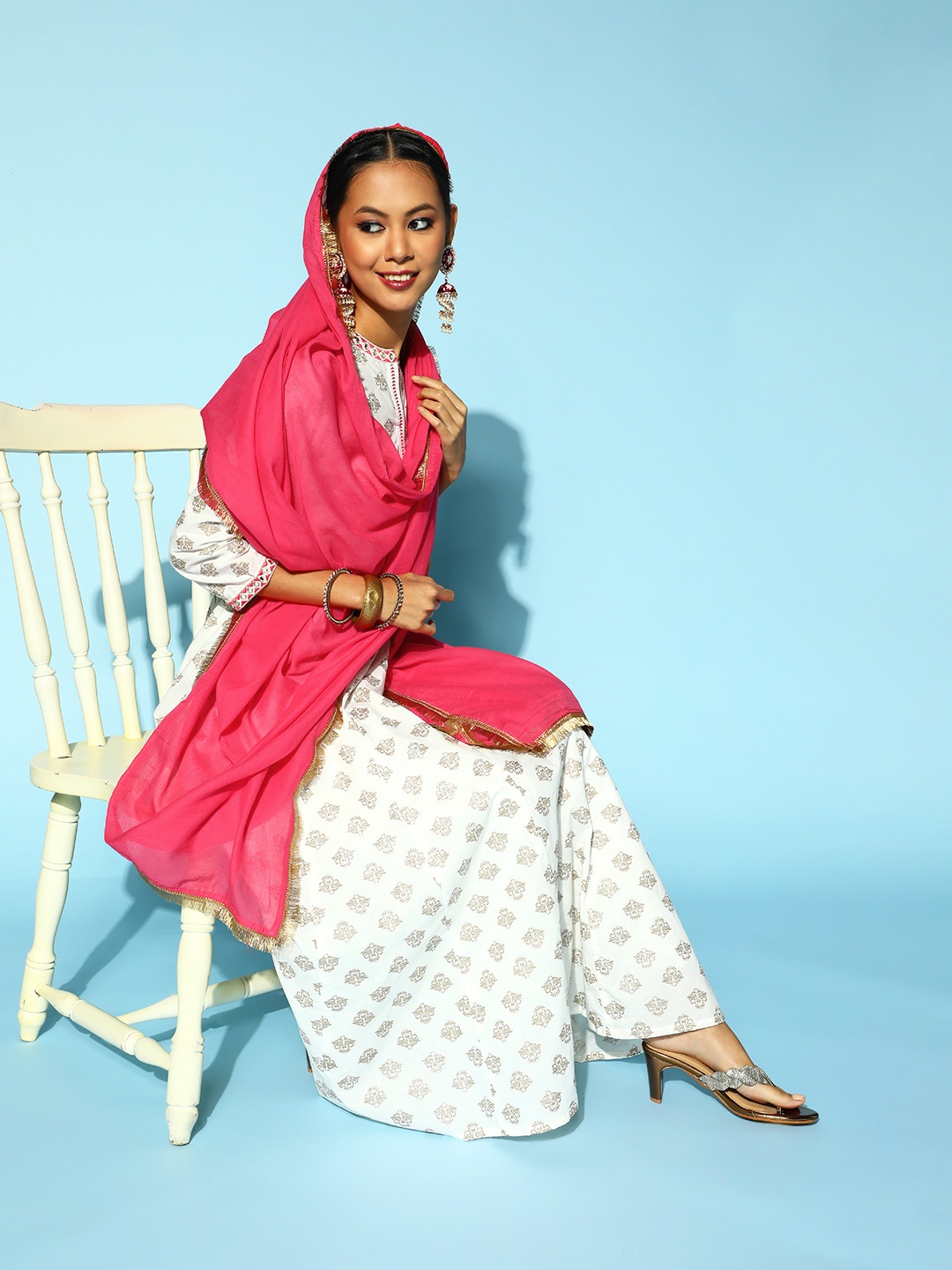 HERE&NOW Ethnic Motifs Pure Cotton Ethnic Motifs Kurta Set, White