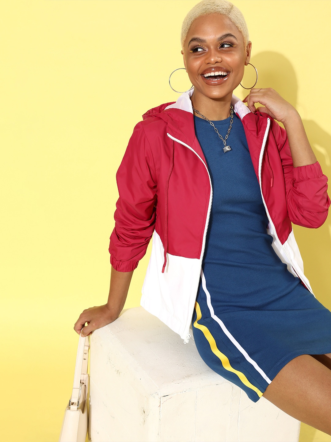 her by invictus Women Pretty Pink Colourblocked Bomber Jacket