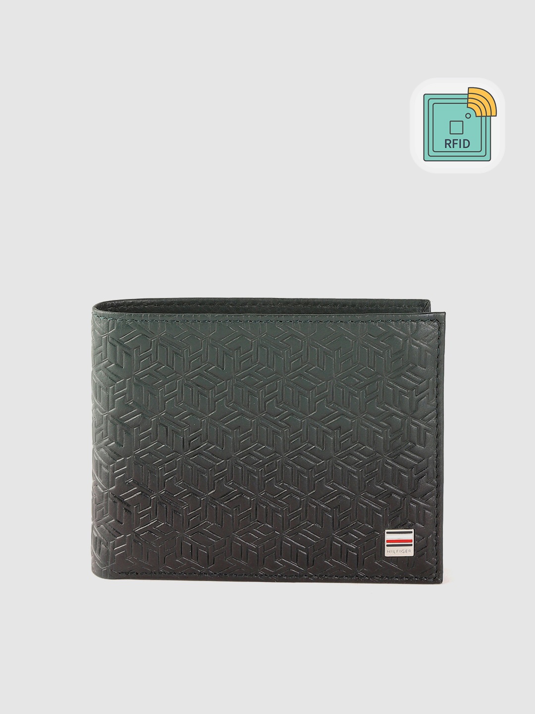 Tommy Hilfiger Men Green & Black Brand Logo Textured Leather Two Fold Wallet with RFID
Tommy Hilfiger Men Green & Black Brand Logo Textured Leather Two Fold Wallet with RFID
