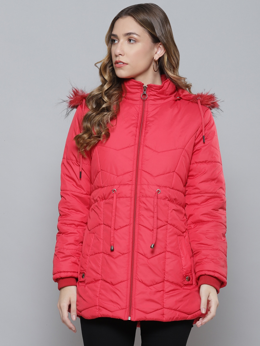 Foreign Culture By Fort Collins Women Red Solid Parka Jacket with Detachable Hood
