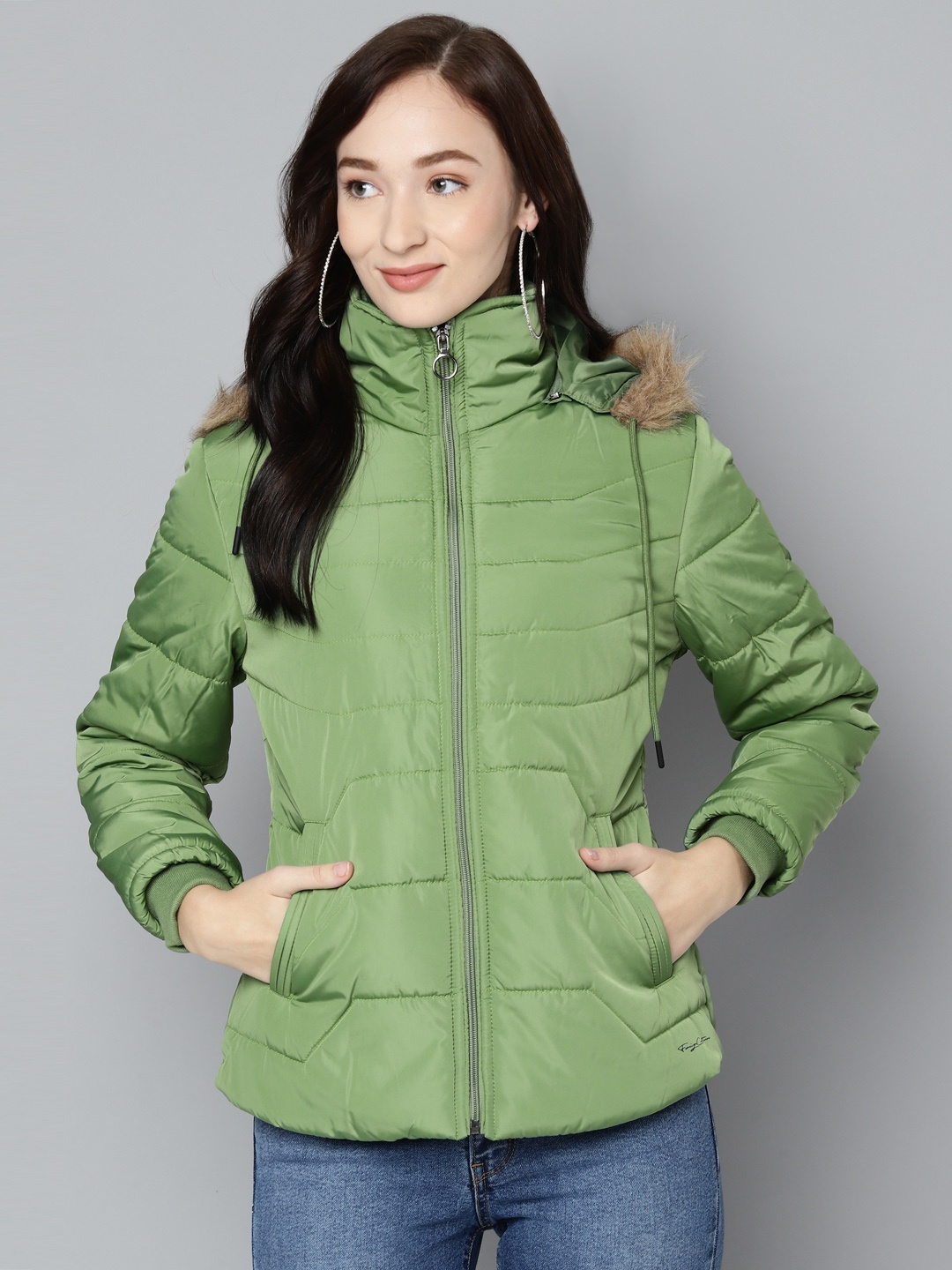 Foreign Culture By Fort Collins Women Green Hooded Bomber Jacket