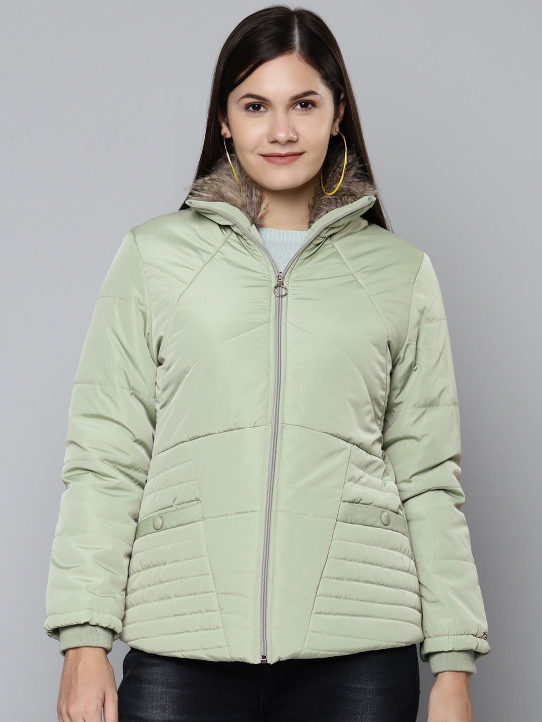 Foreign Culture By Fort Collins Women Green Padded Jacket with Faux Fur Trim