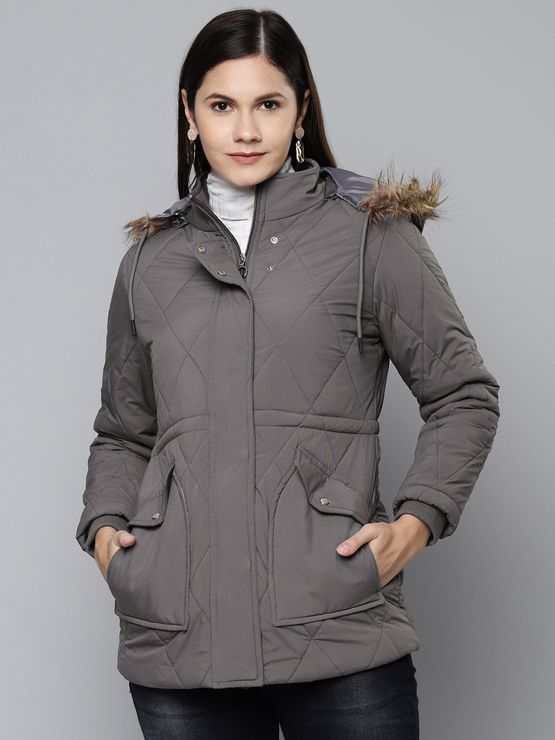 Foreign Culture By Fort Collins Women Charcoal Grey Hooded Parka Jacket