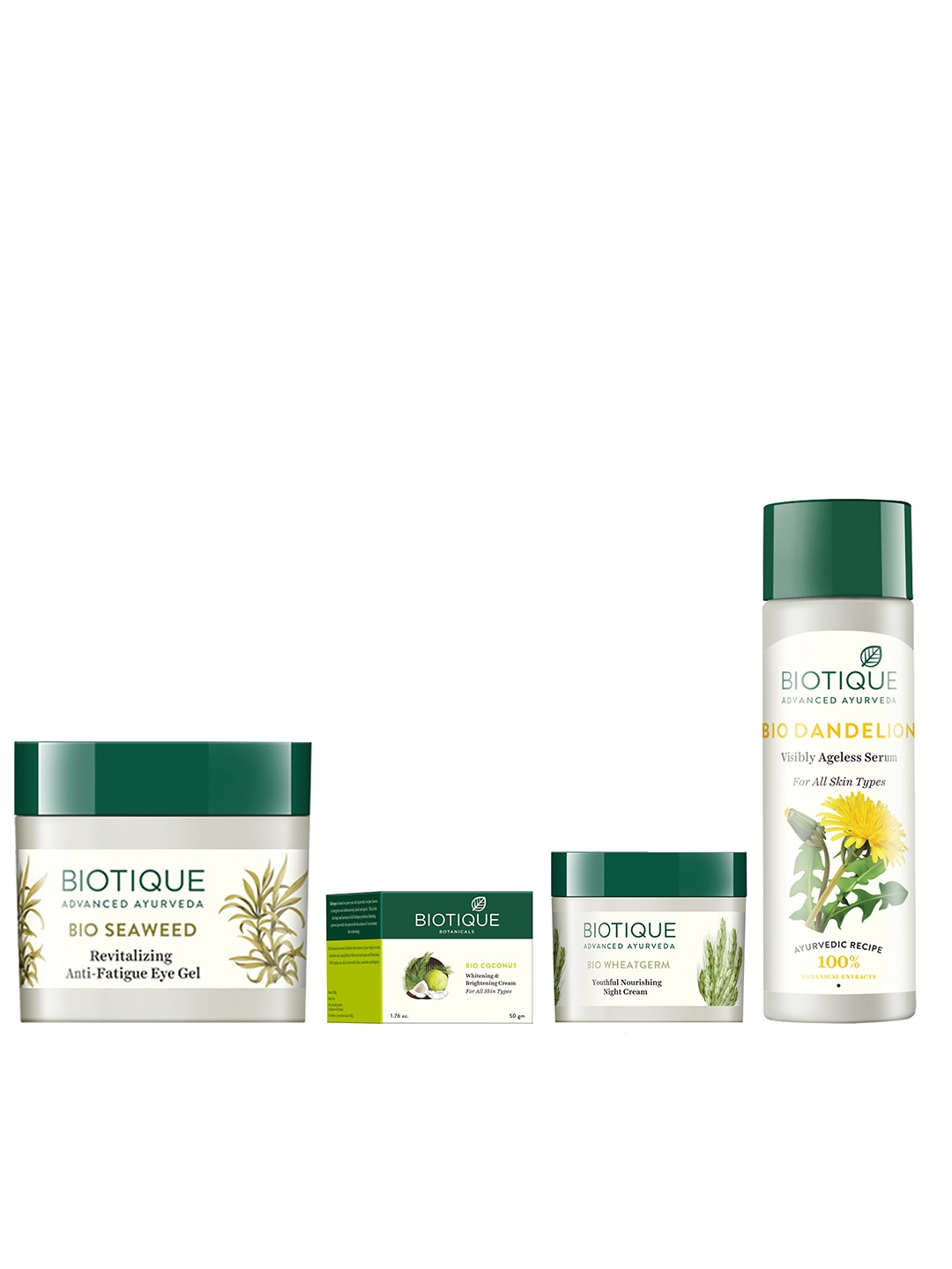 Biotique Set Of Eye Gel - Brightening Cream - Wheat Germ Night Cream - Dandelion Serum, White
Biotique Set Of Eye Gel - Brightening Cream - Wheat Germ Night Cream - Dandelion Serum, White