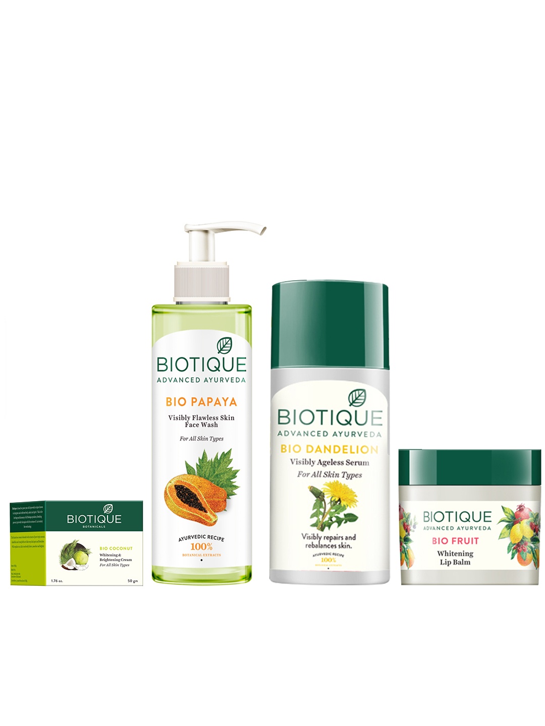 Biotique Set Of Brightening Cream - Papaya Face Wash- Lip Balm - Dandelion Serum, Green
Biotique Set Of Brightening Cream - Papaya Face Wash- Lip Balm - Dandelion Serum, Green