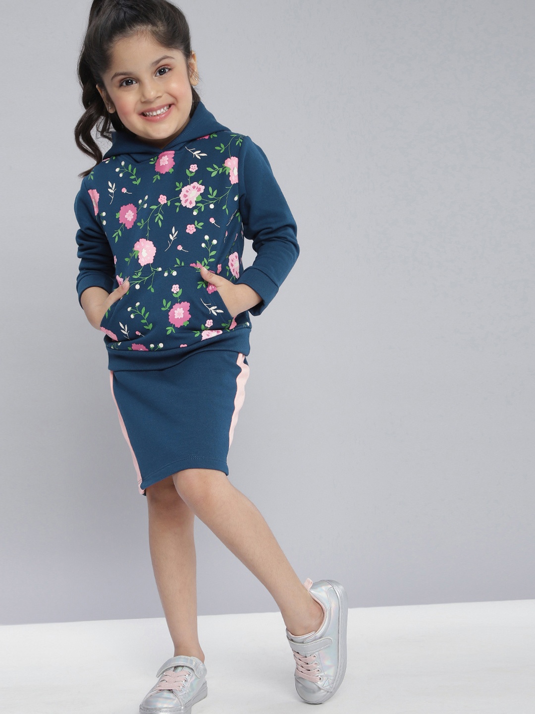 YK Girls Navy Blue & Pink Floral Printed Sweatshirt with Skirt