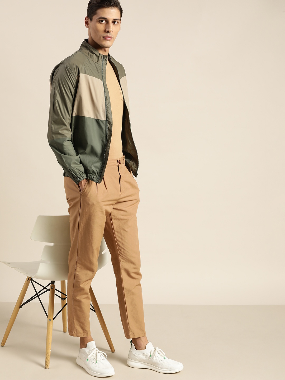 ether Men Olive Green & Khaki Colourblocked Bomber Jacket
