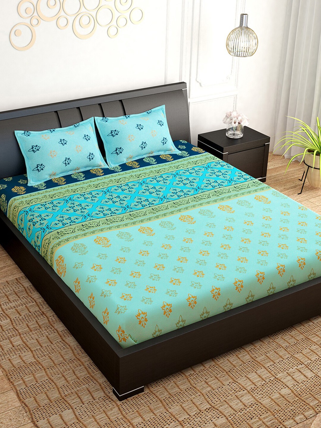 PAVO Turquoise Blue & Yellow Ethnic Motifs 210 TC King Bedsheet with 2 Pillow Covers
PAVO Turquoise Blue & Yellow Ethnic Motifs 210 TC King Bedsheet with 2 Pillow Covers