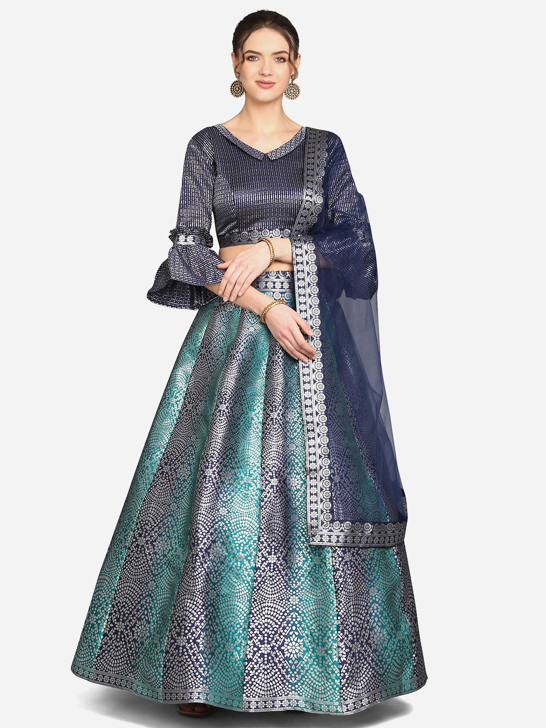 PURVAJA Navy Blue & Silver-Toned Semi-Stitched Lehenga & Unstitched Blouse With Dupatta
PURVAJA Navy Blue & Silver-Toned Semi-Stitched Lehenga & Unstitched Blouse With Dupatta