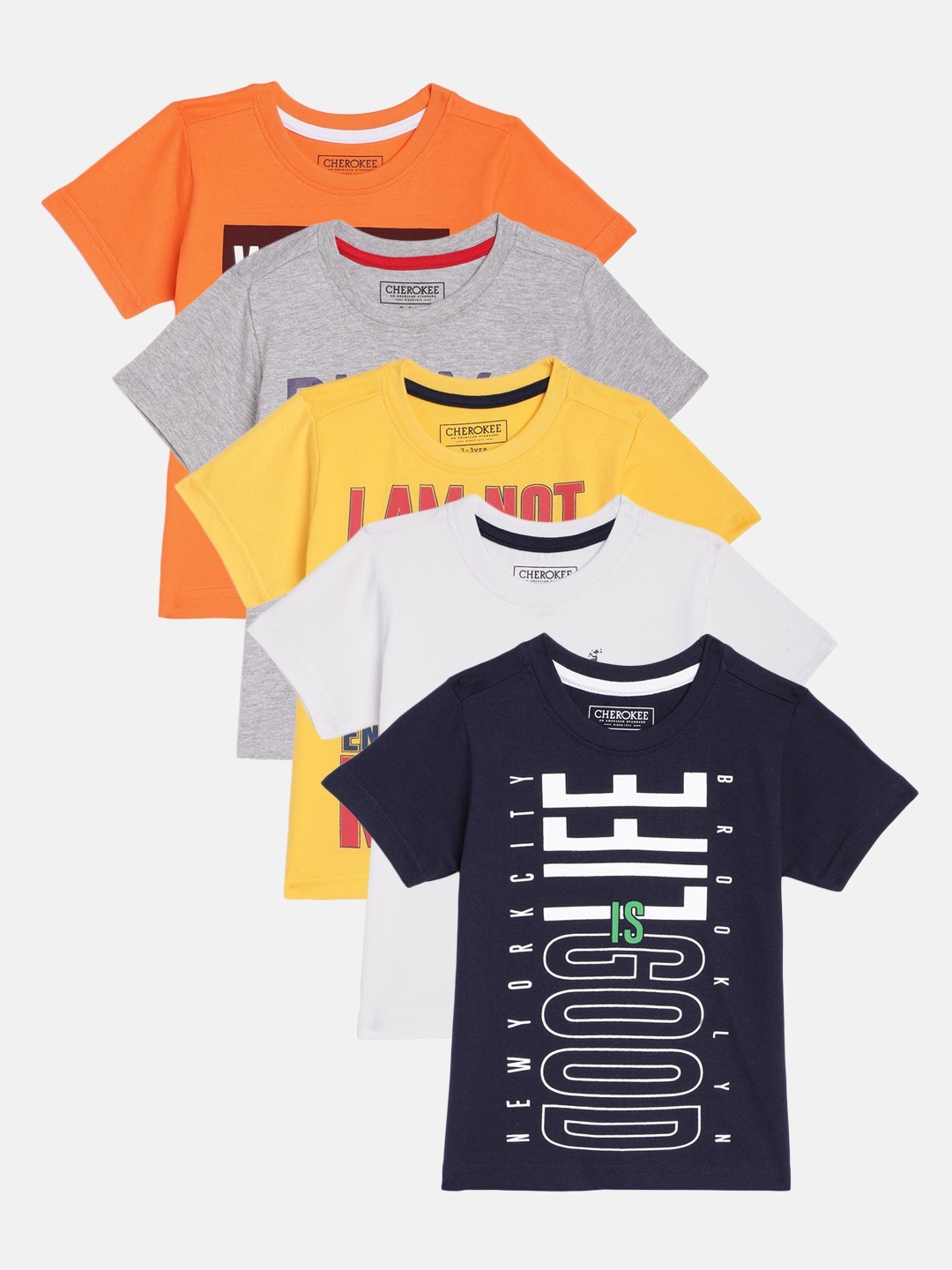 Cherokee Boys Pack of 5 Pure Cotton Typography Print Regular Fit Pure Cotton T-shirts, Navy blue