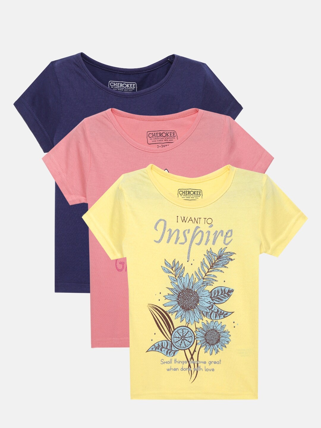 Cherokee Girls Pack of 3 Typography Printed Pure Cotton T-shirts, Blue