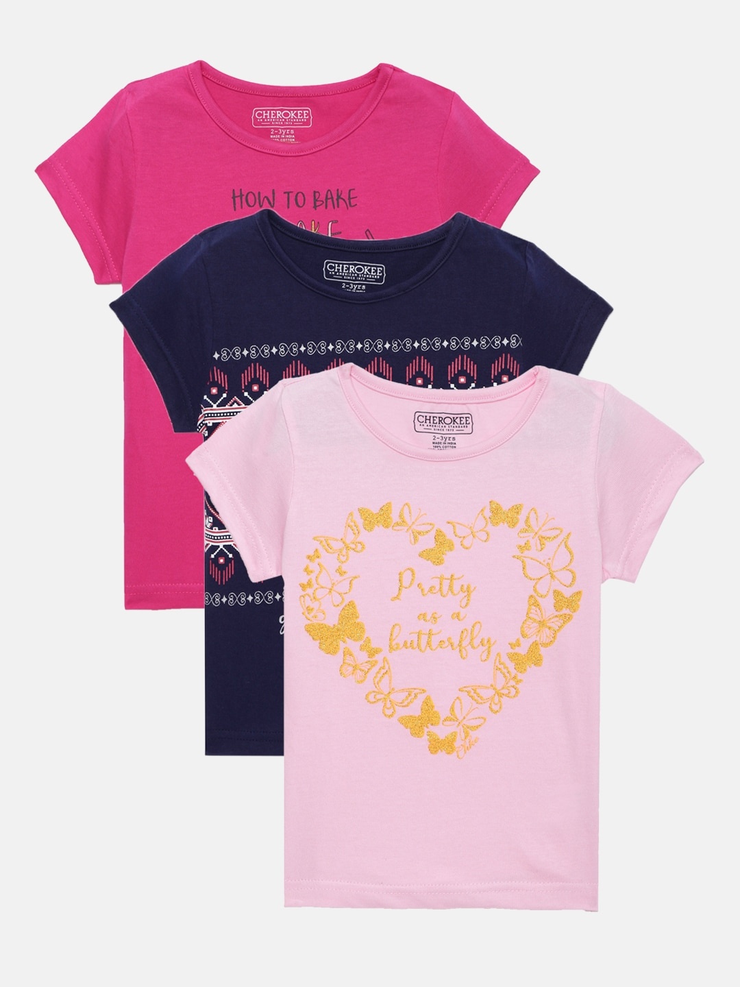 Cherokee Set of 3 Girls Blue & Pink Typography Printed T-shirt