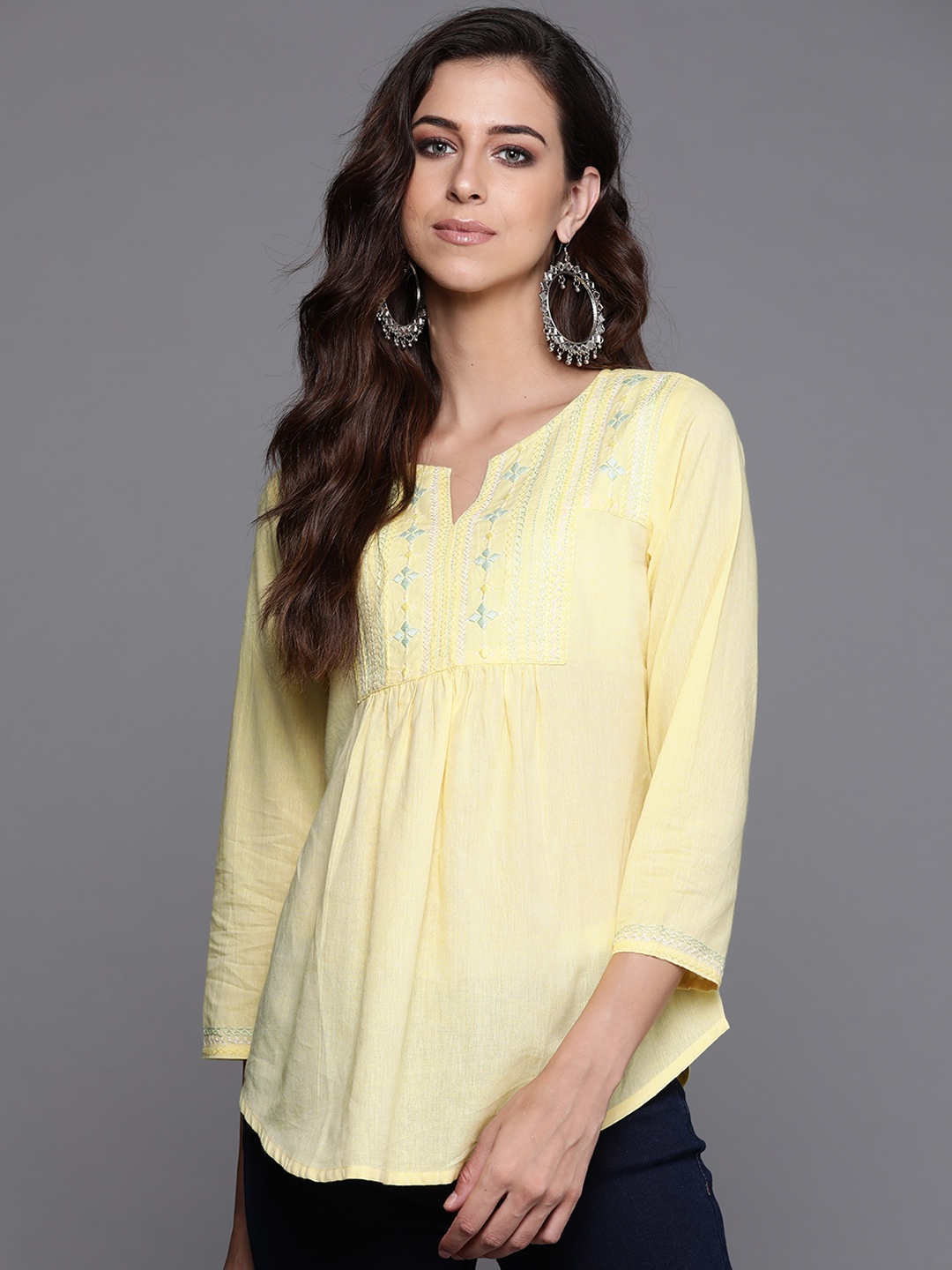 Fabindia Yellow & Green Embroidered Cotton A-line Top
