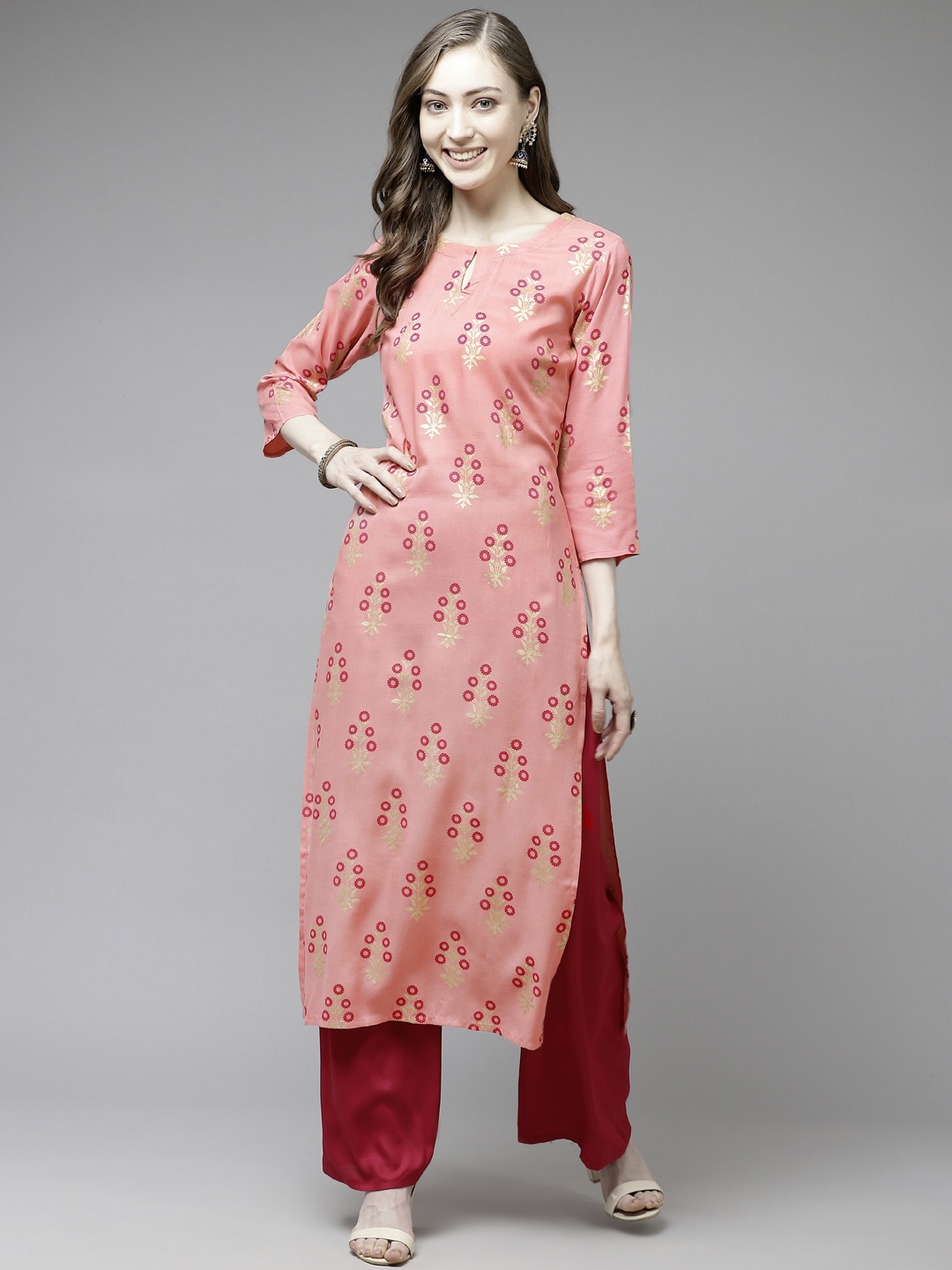 Ginni Arora Label Women Pink & Golden Foil Print Keyhole Neck Kurta