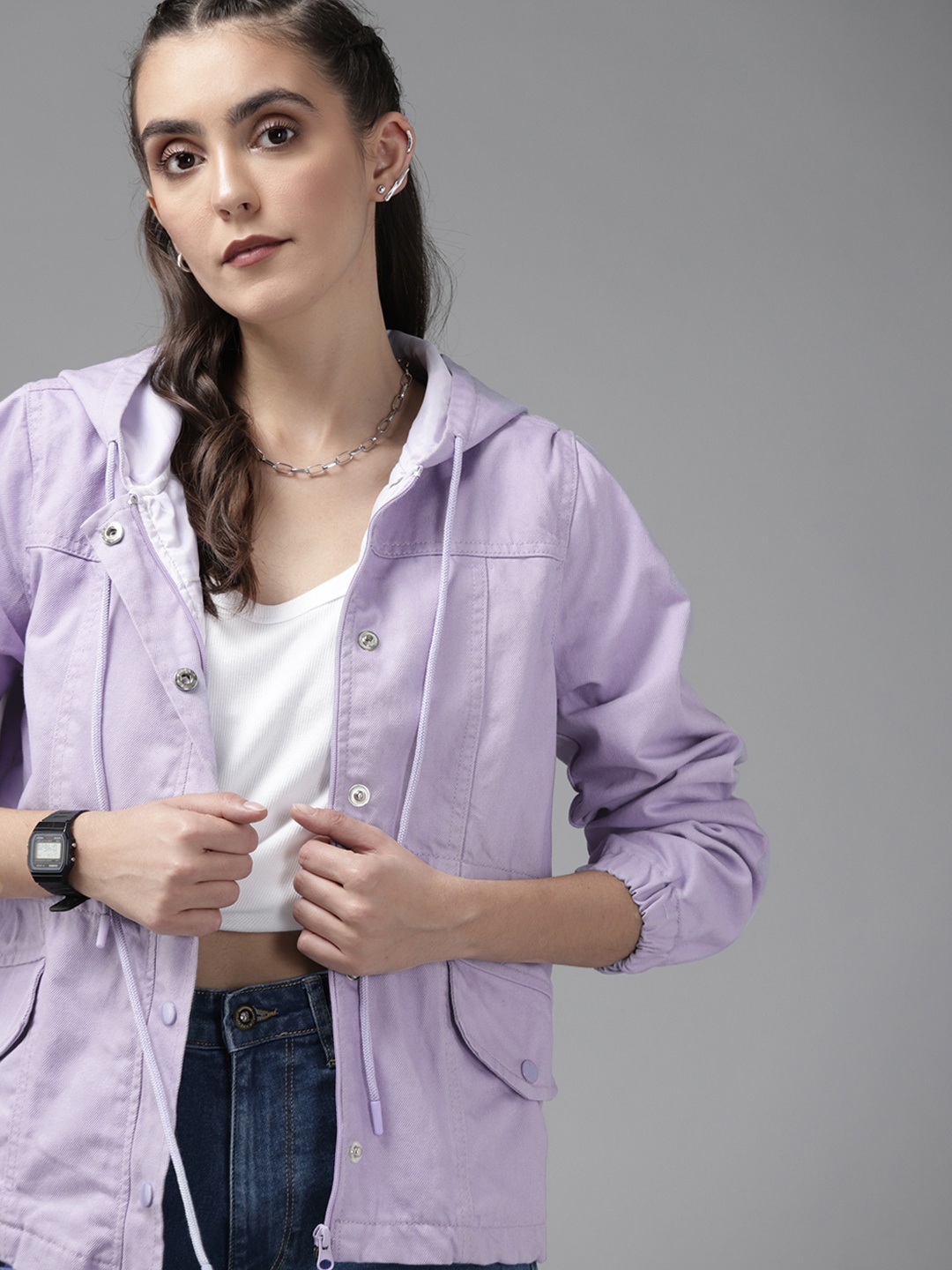 Roadster Women Lavender Pure Cotton Solid Hooded Denim Jacket with Adjustable Waist Tie-Up
Roadster Women Lavender Pure Cotton Solid Hooded Denim Jacket with Adjustable Waist Tie-Up
