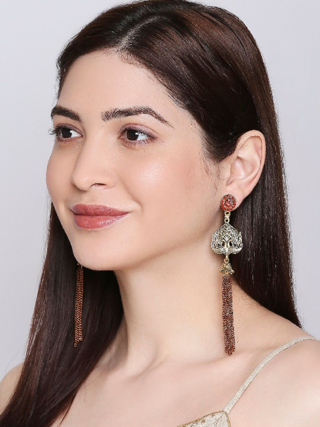 OOMPH Gold-Toned & Maroon Peacock Shaped Drop Earrings