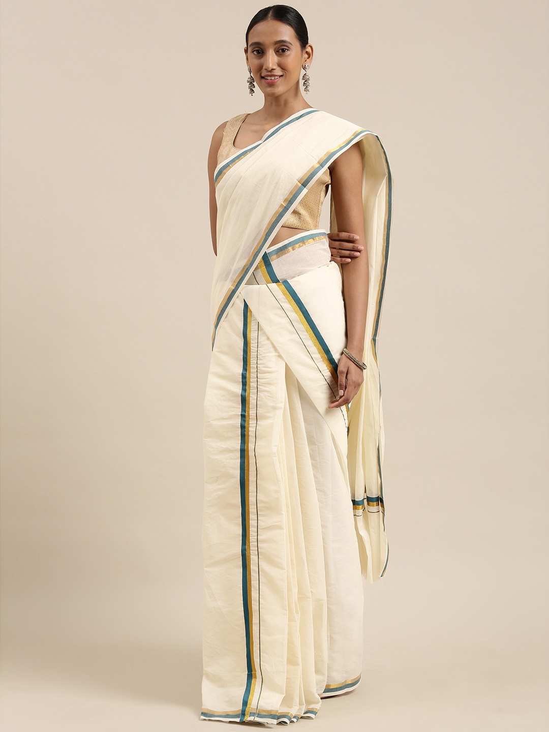 Mitera Off White Zari Kasavu Mundu Saree