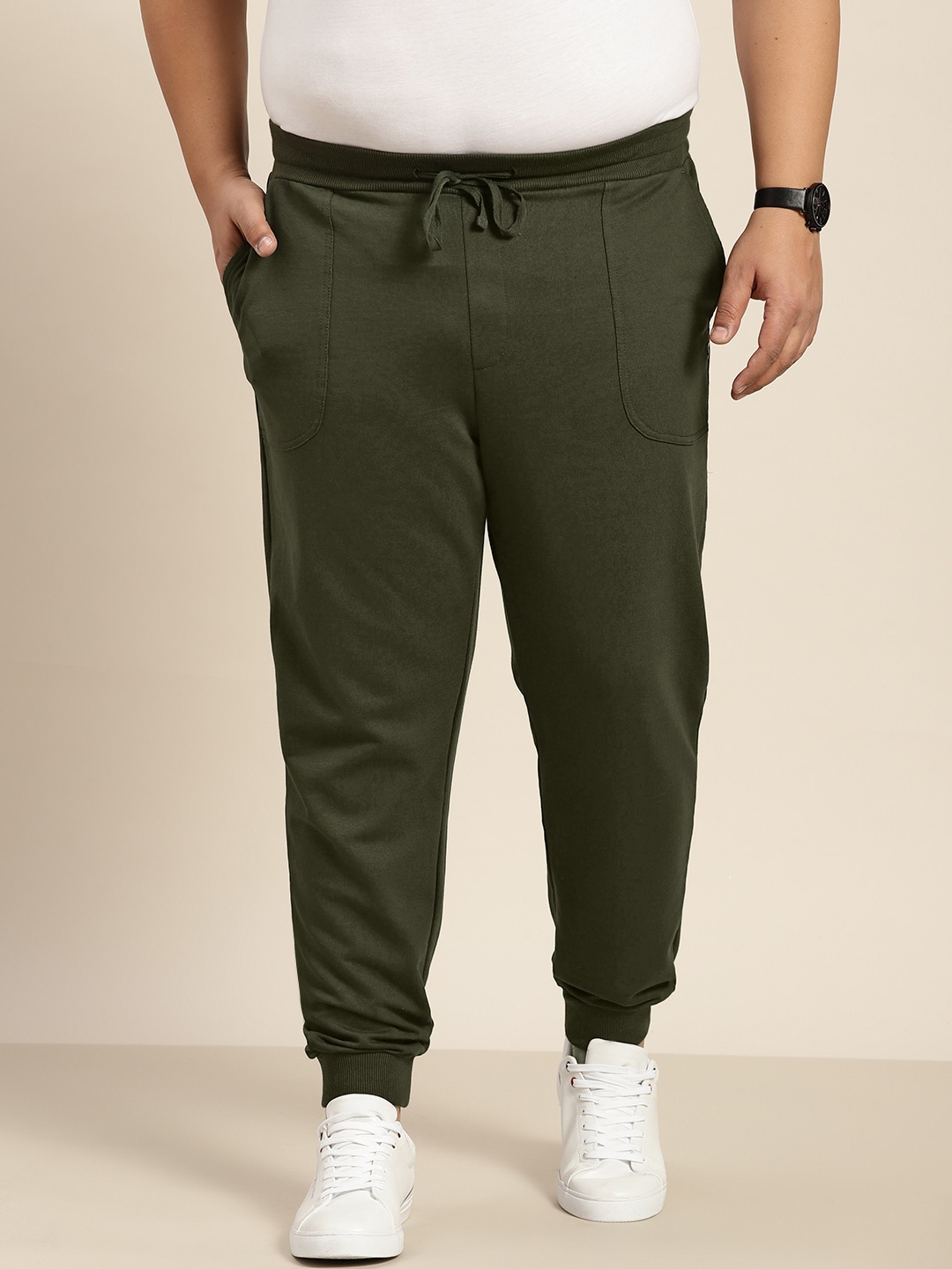 Sztori Men Plus Size Olive Green Solid Joggers