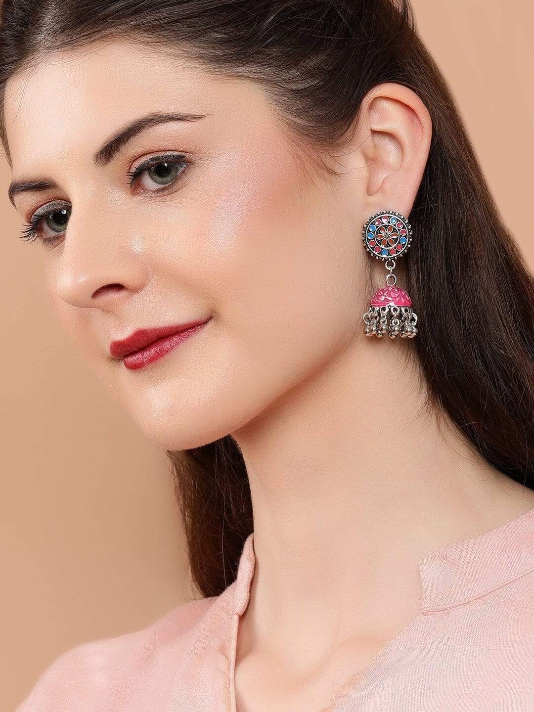Rubans Oxidised Silver Toned Pink & Blue Enamel Dome Shaped Handcrafted Jhumkas Earrings
Rubans Oxidised Silver Toned Pink & Blue Enamel Dome Shaped Handcrafted Jhumkas Earrings