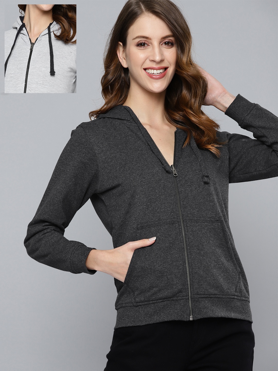 HERE&NOW Women Grey Melange & Charcoal Grey Pure Cotton Solid Reversible Hooded Sweatshirt
HERE&NOW Women Grey Melange & Charcoal Grey Pure Cotton Solid Reversible Hooded Sweatshirt