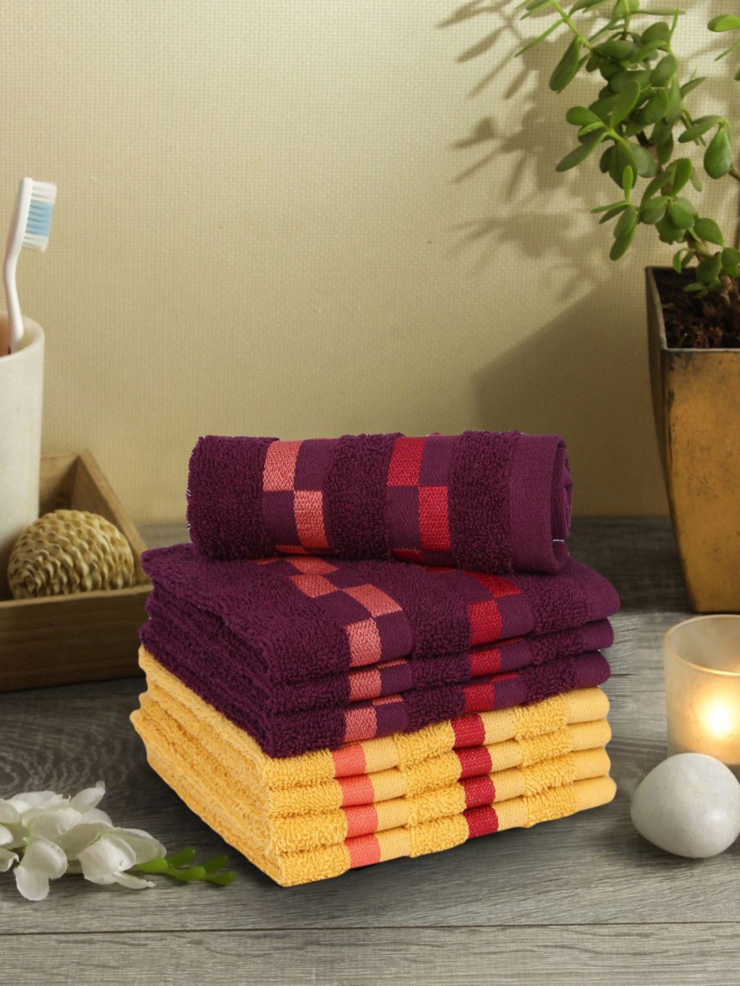 BIANCA Pack Of 8 Yellow & Burgundy Mercerized Combed Cotton Bumpy-Stripes Face Towels
BIANCA Pack Of 8 Yellow & Burgundy Mercerized Combed Cotton Bumpy-Stripes Face Towels
