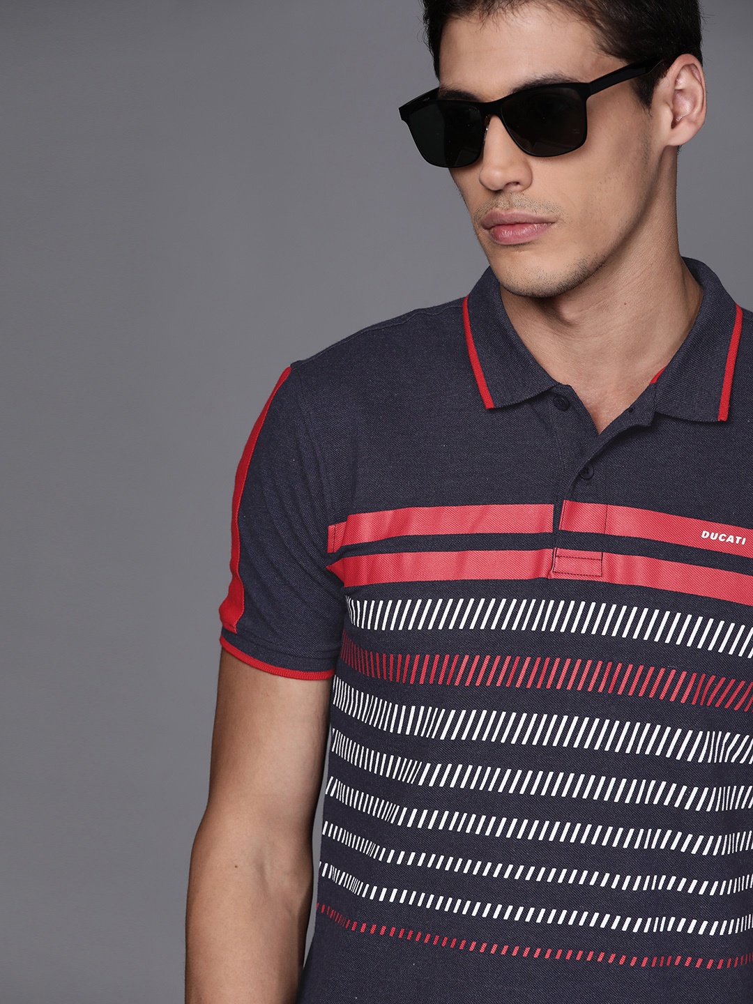 Ducati Men Navy Blue & Red Striped Polo Collar T-shirt