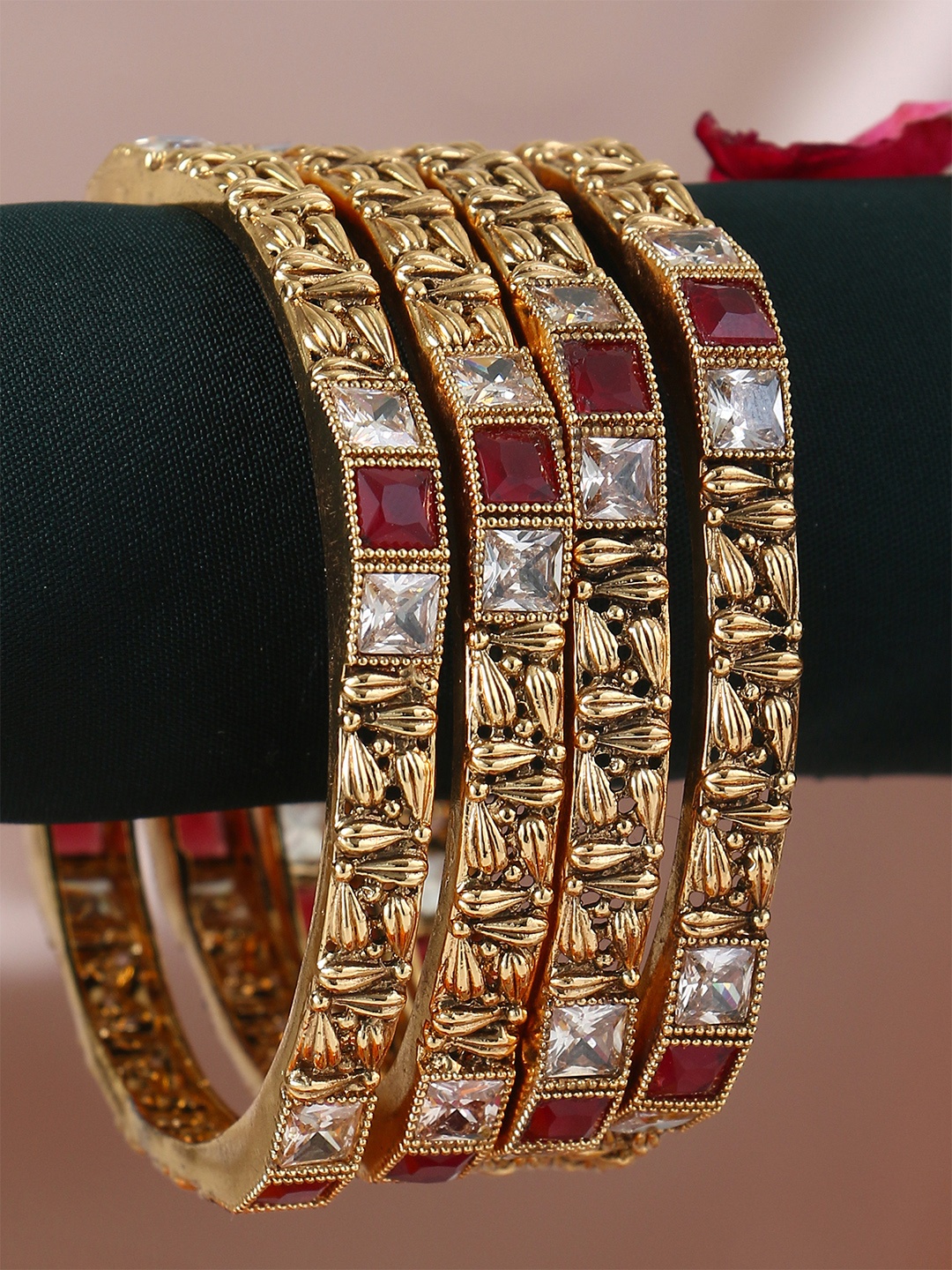 Adwitiya Collection Set Of 4 24CT Gold-Plated White & Red Stone-Studded Handcrafted Bangles
Adwitiya Collection Set Of 4 24CT Gold-Plated White & Red Stone-Studded Handcrafted Bangles