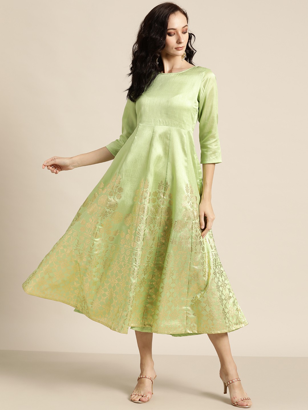 Shae by SASSAFRAS Green & Golden Foil Print A-Line Midi Dress