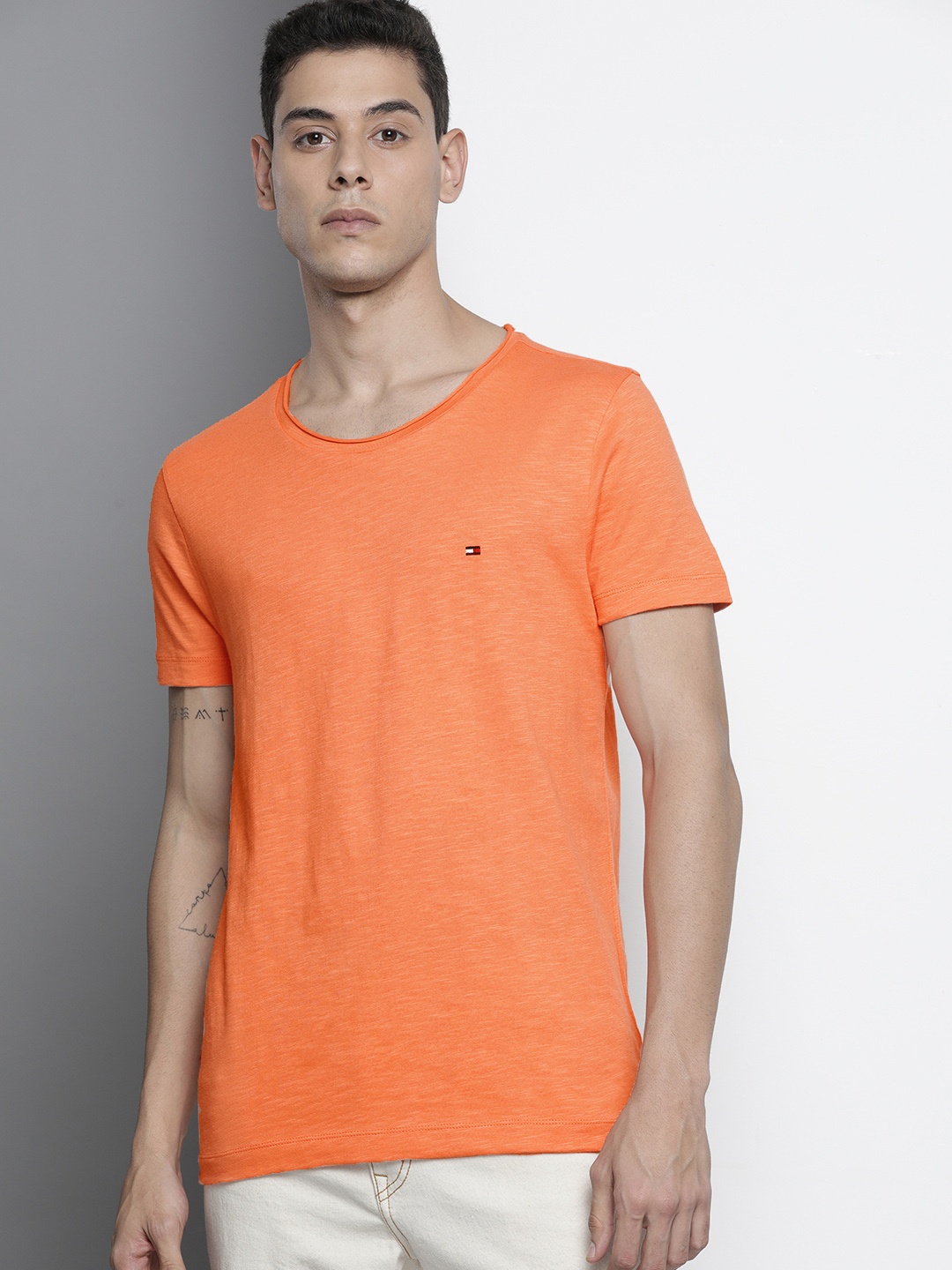 Tommy Hilfiger Men Orange Solid Pure Cotton T-shirt