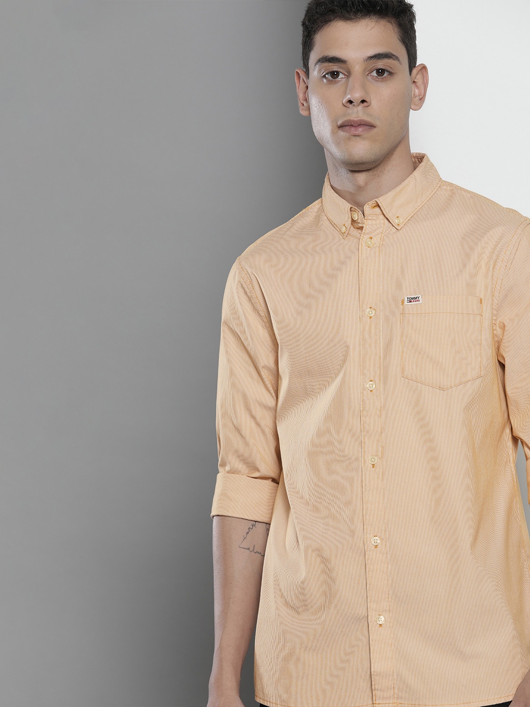 Tommy Hilfiger Men Orange Pinstripes Striped Casual Shirt