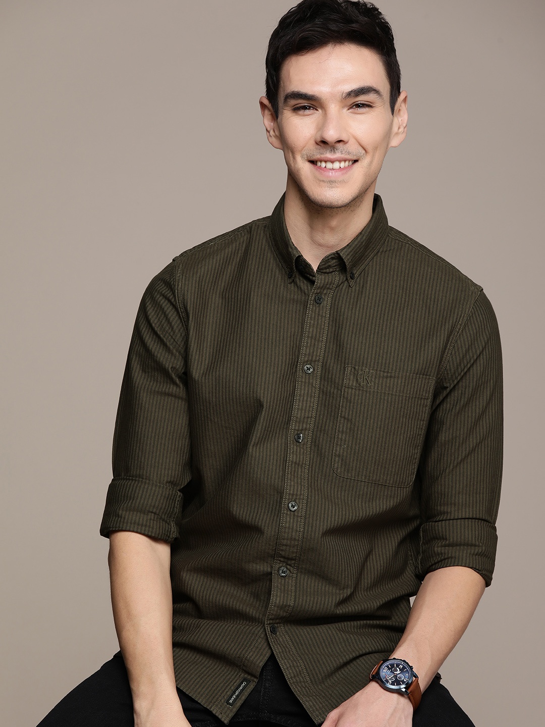 Calvin Klein Jeans Men Olive & Black Slim Fit Striped Casual Shirt