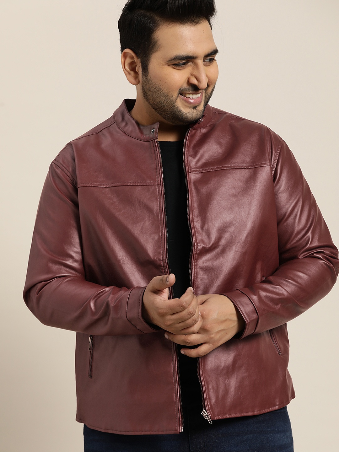 Sztori Men Plus Size Maroon Solid Coated Tailored Jacket
