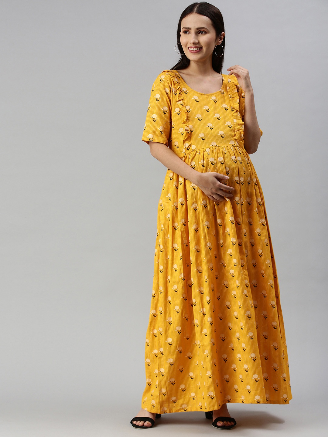 Swishchick Women Mustard Yellow Floral Layered Maternity Cotton Maxi Fit & Flare Dress
Swishchick Women Mustard Yellow Floral Layered Maternity Cotton Maxi Fit & Flare Dress