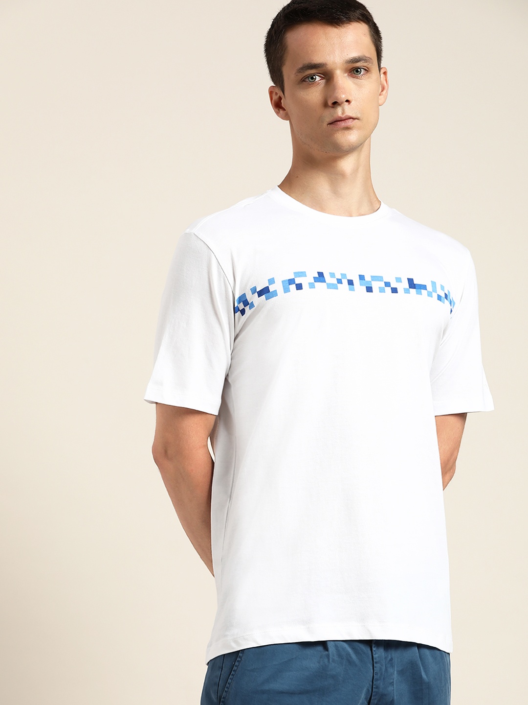ether Men White & Blue Pure Cotton Printed T-shirt