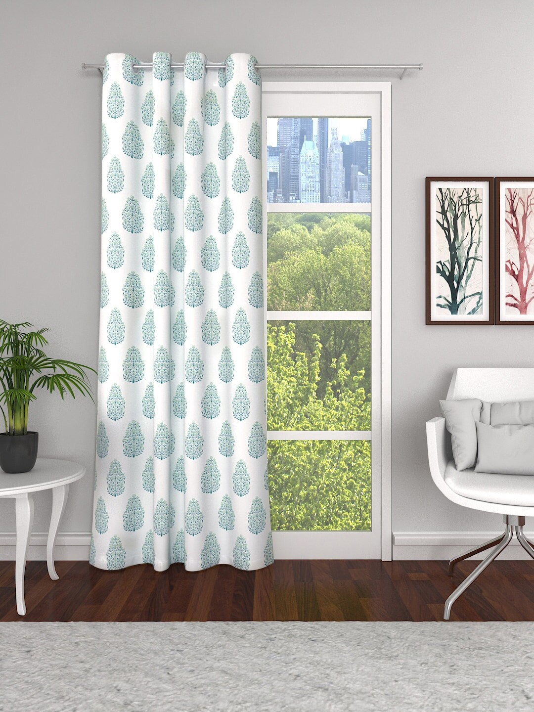 Soumya White & Green Floral Semi Sheer Door Curtain