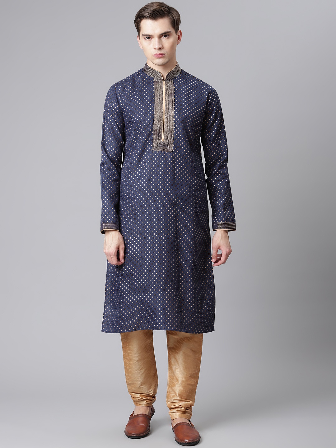Readiprint Fashions Men Navy & Golden Cotton Foil Printed Thread Work Kurta with Churidar, Navy blue
Readiprint Fashions Men Navy & Golden Cotton Foil Printed Thread Work Kurta with Churidar, Navy blue
