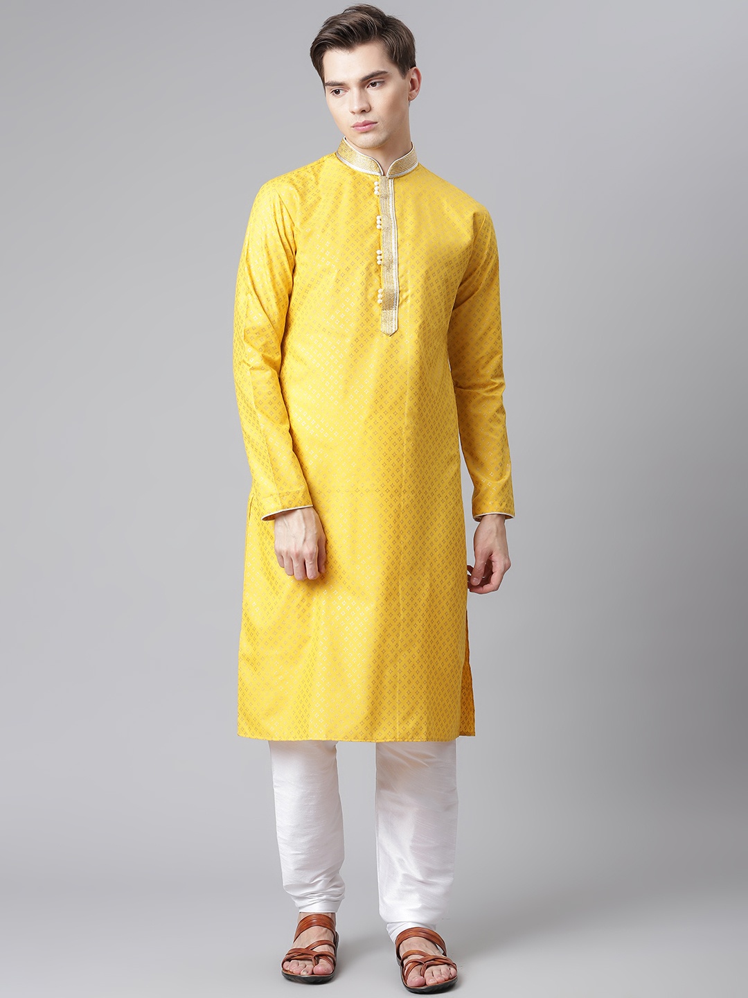 Readiprint Fashions Men Yellow & White Cotton Ethnic Foil Print Kurta with Churidar