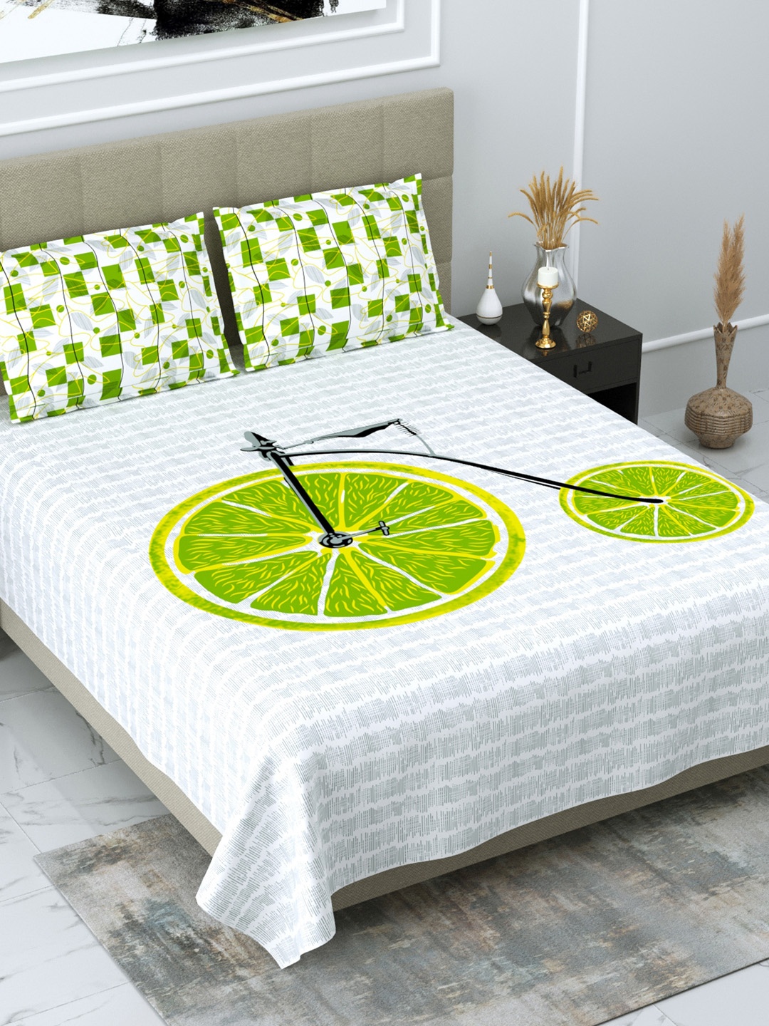 DREAM WEAVERZ White & Green Graphic Glazed Cotton 220 TC Cotton King Bedsheet with 2 Pillow Covers
DREAM WEAVERZ White & Green Graphic Glazed Cotton 220 TC Cotton King Bedsheet with 2 Pillow Covers
