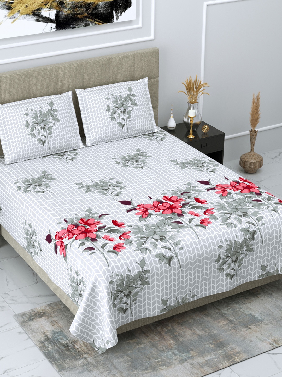 DREAM WEAVERZ Grey & Red Floral Glazed Cotton 220 TC Cotton King Bedsheet with 2 Pillow Covers
DREAM WEAVERZ Grey & Red Floral Glazed Cotton 220 TC Cotton King Bedsheet with 2 Pillow Covers