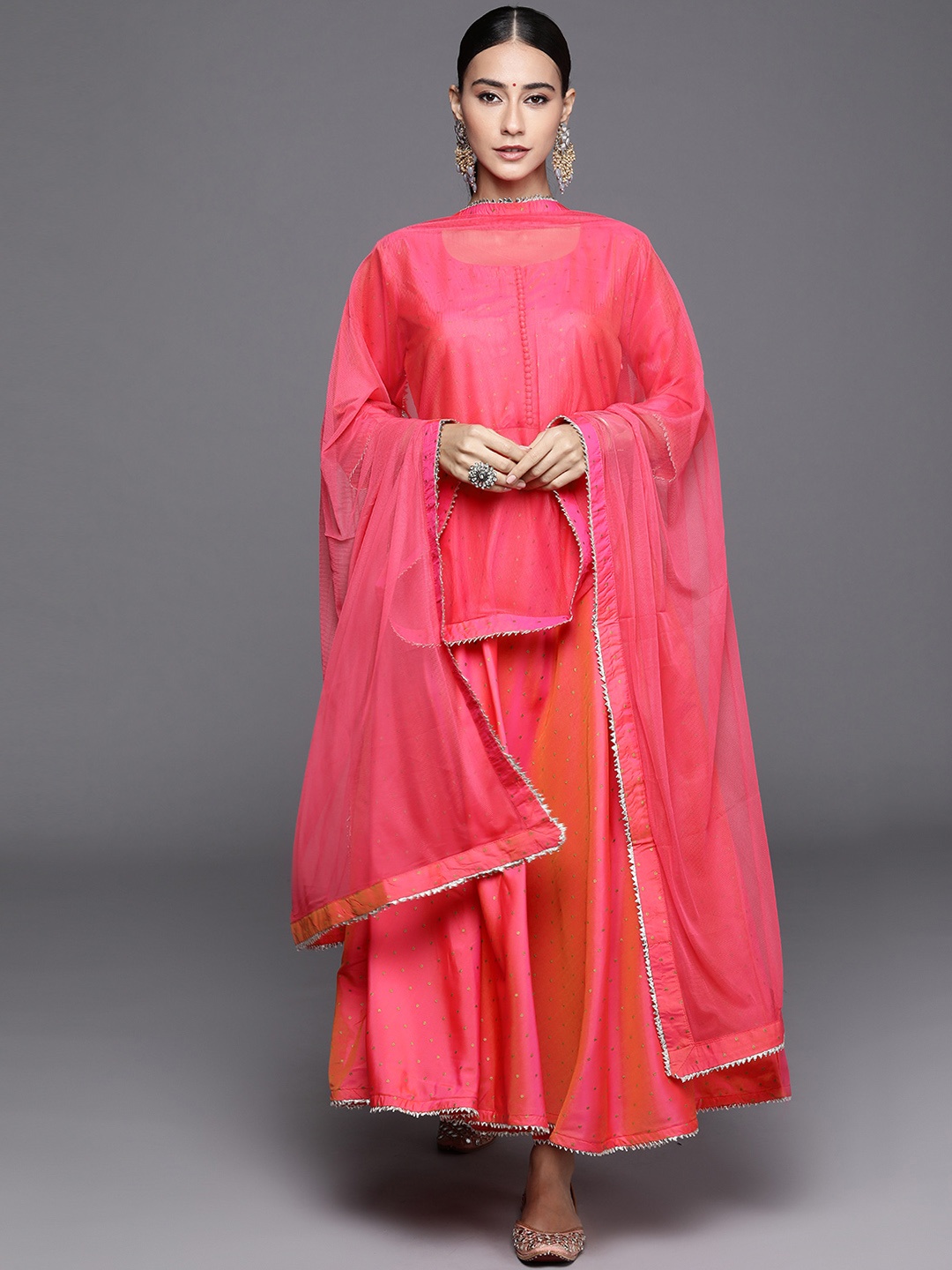 Libas Women Pink Dual Toned Chanderi Silk Panelled Kurta with Palazzos & With Dupatta
Libas Women Pink Dual Toned Chanderi Silk Panelled Kurta with Palazzos & With Dupatta