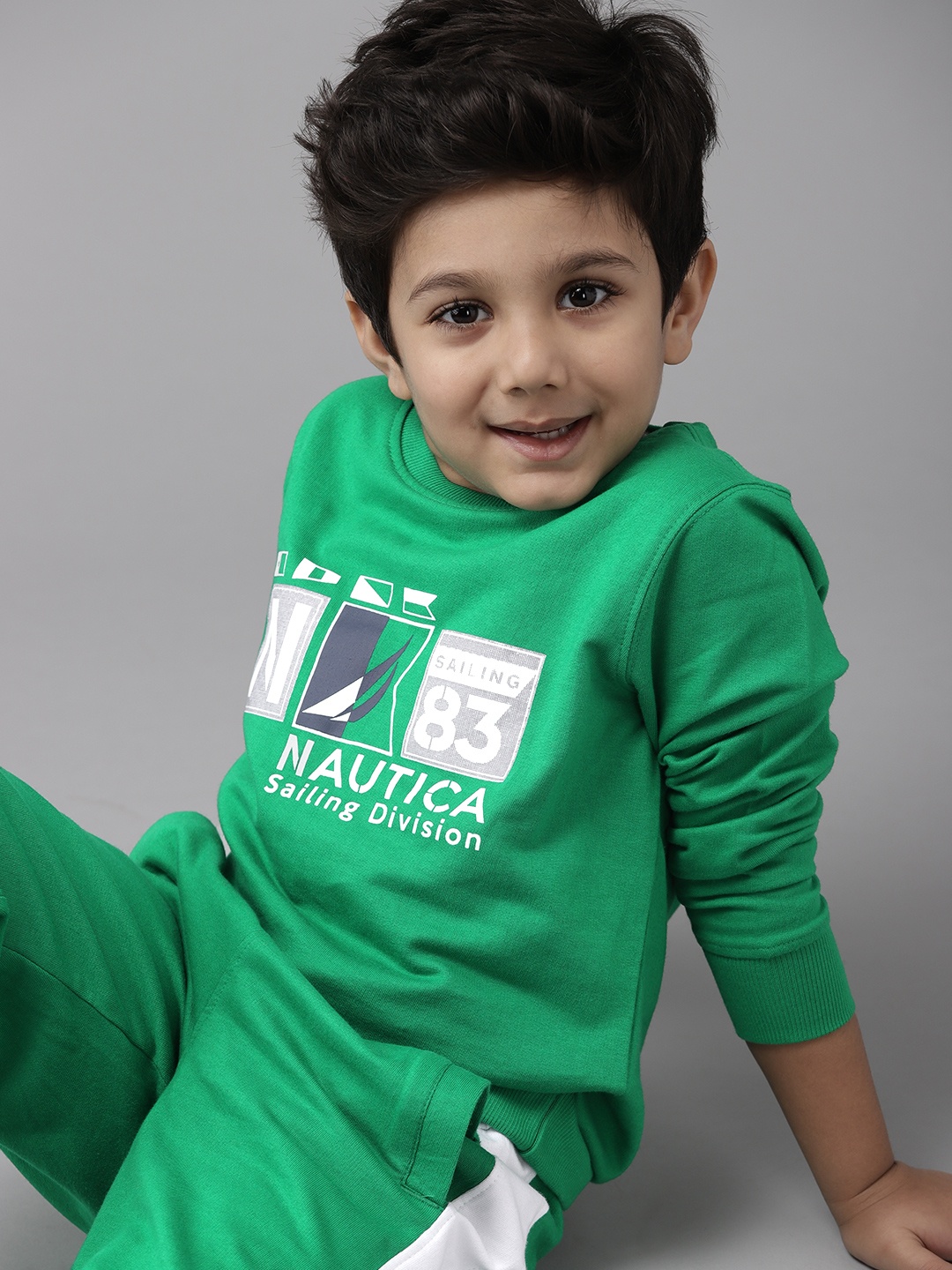 Nautica Boys Green & White Pure Cotton Brand Logo Print Sweatshirt