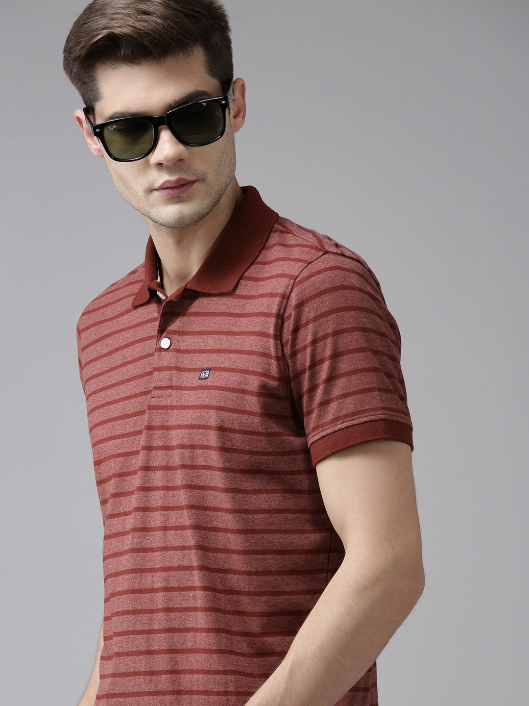 Arrow Men Maroon Striped Polo Collar T-shirt