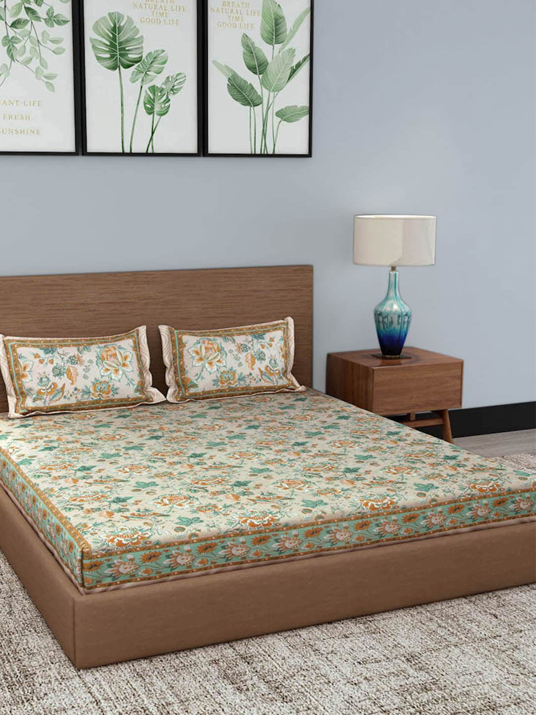 Gulaab Jaipur Off White & Teal Floral 210 TC King Bedsheet with 2 Pillow Covers
Gulaab Jaipur Off White & Teal Floral 210 TC King Bedsheet with 2 Pillow Covers