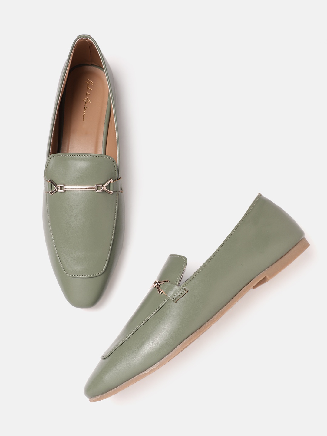 Mast & Harbour Women Olive Green Solid Horsebit Loafers