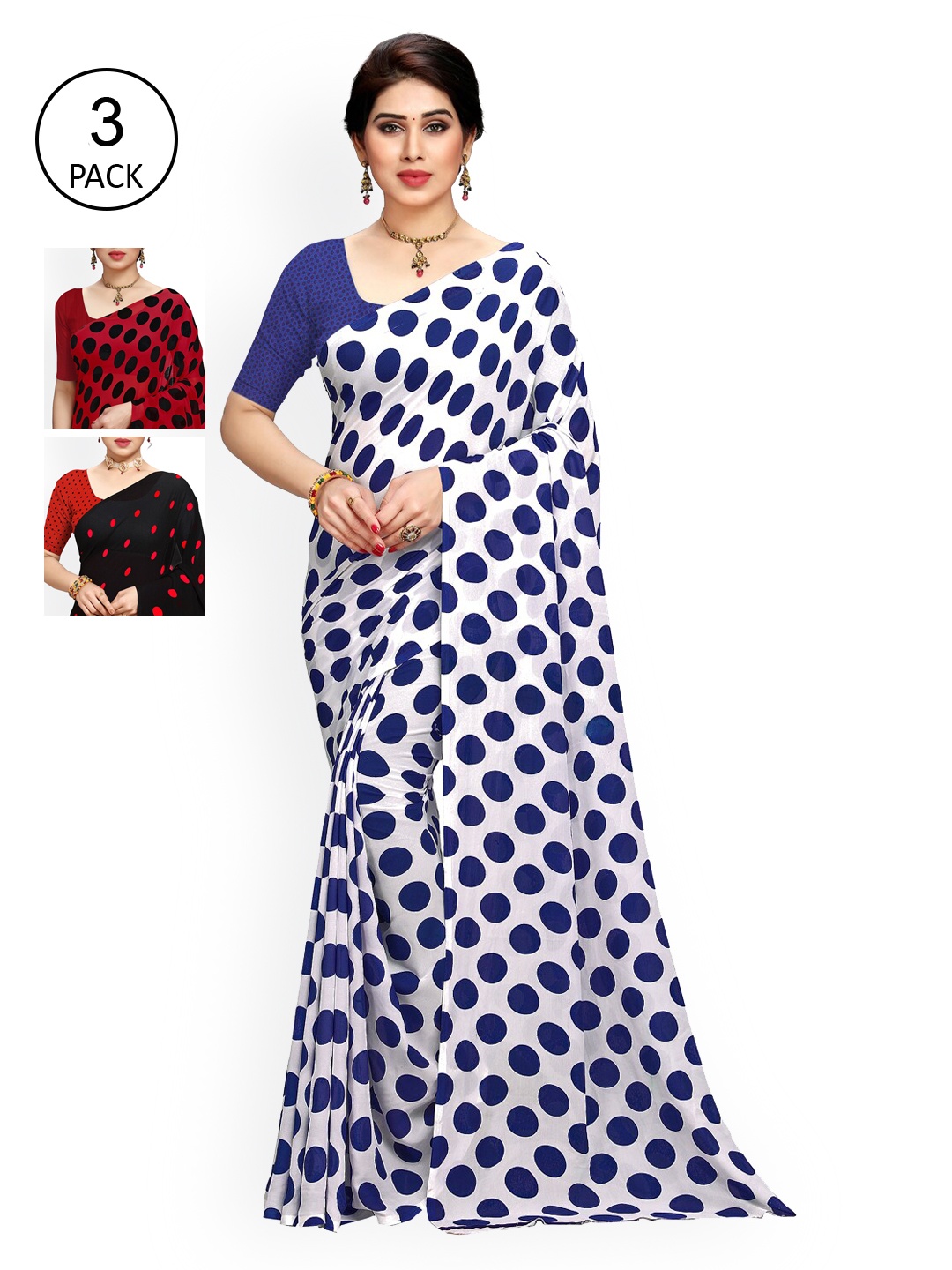 KALINI White & Blue Pack of 3 Printed Saree