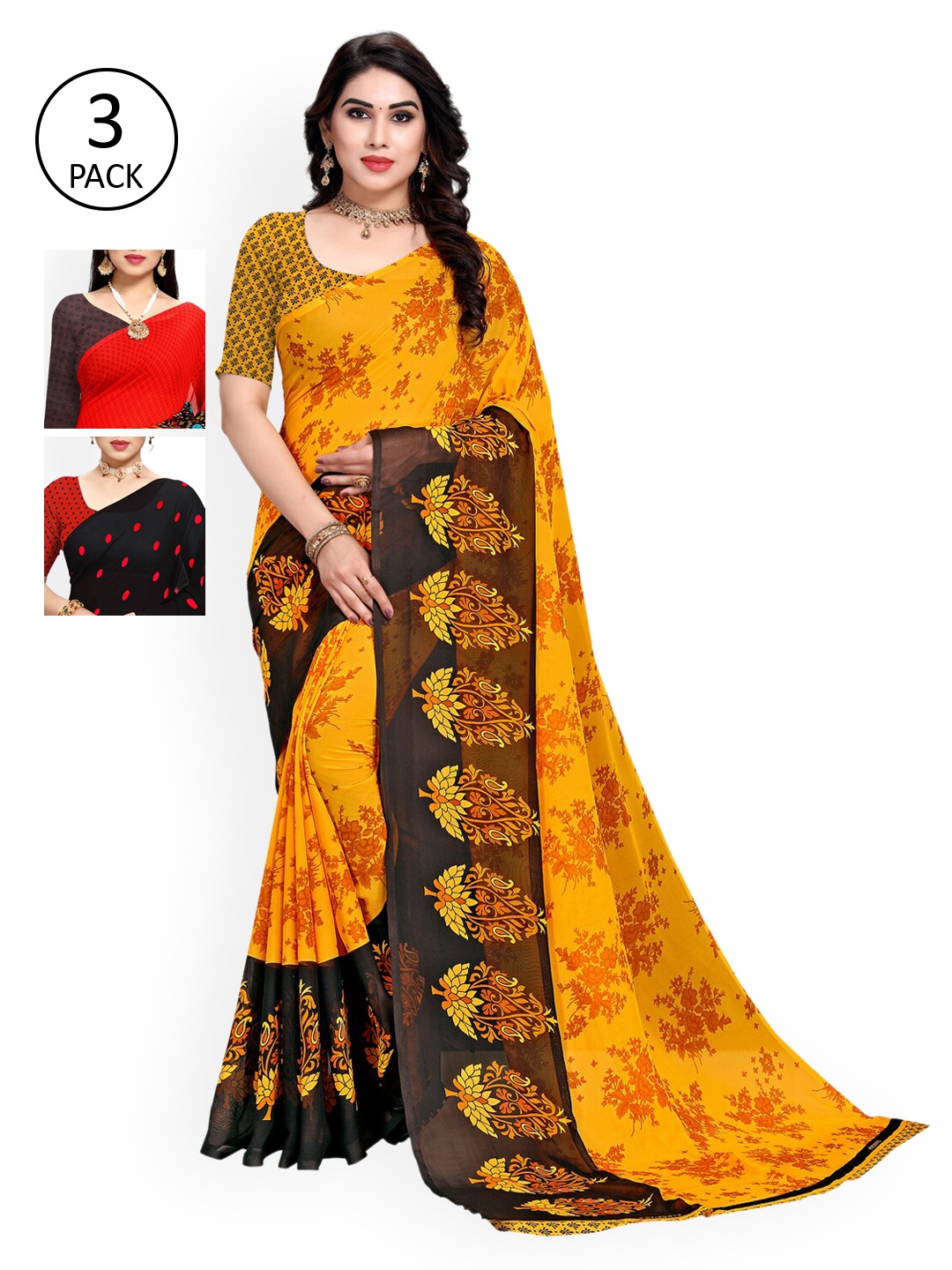 KALINI Pack Of 3 Red & Black Saree